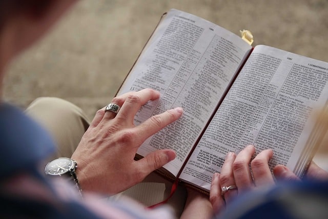 Primer plano de una persona leyendo la Biblia abierta en sus manos, representando un momento de devocional diario.